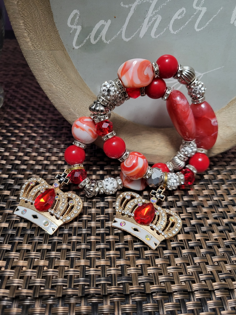 Red Beaded Stretch Bracelet Set with Crown Charm